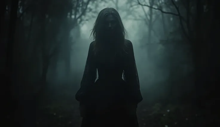 Subtle silhouette of the evil woman blending into the shadows, in the style of dark fantasy art, muted colors, unsettling presence, hidden details, play of light and shadow, eerie stillness, enigmatic aura.