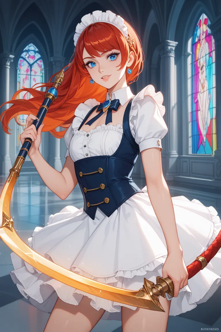 A highly detailed anime illustration of Aurora Weiss, an enigmatic maid who exudes heroic charm with a "boyish" touch. Her vibrant orange-red hair, elegantly cut in a slightly masculine style, falls with a casual attitude, standing out against her pale, al...