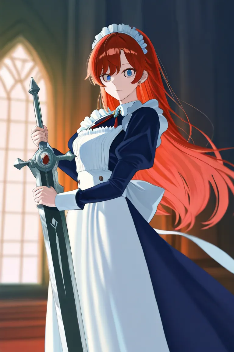 A highly detailed anime illustration of Aurora Weiss, an enigmatic maid who exudes heroic charm with a "boyish" touch. Her vibrant orange-red hair, elegantly cut in a slightly masculine style, falls with a casual attitude, standing out against her pale, al...