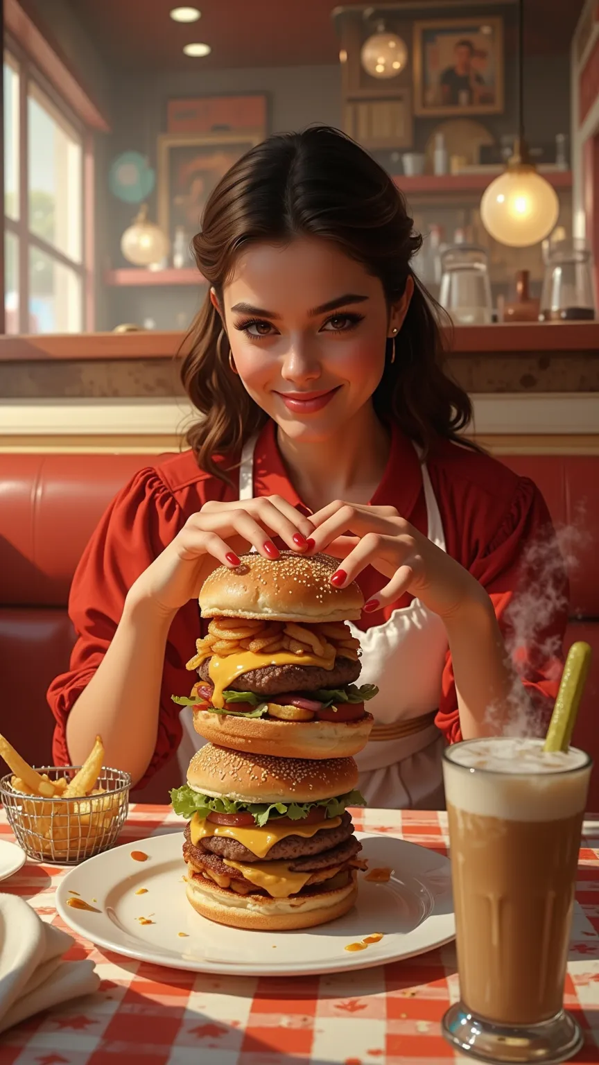 **AI Art Prompt:** **"Diner Muse with Gourmet Burger"**  

A photorealistic scene of a young woman in a retro diner booth, her hands cradling a towering gourmet burger. She wears a crisp white apron over a vintage cherry-red blouse, her sleeves rolled to r...