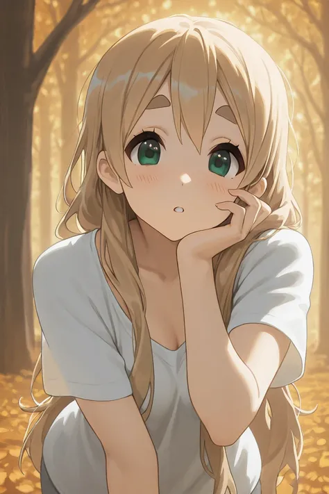 ((((tsumugi kotobuki \(K-ON!\))),((Kotobuki Kotobuki Tsumugi\(K-ON!\))))),cute,short,the mood of autumn,in a golden autumn forest,random mood,best quality,random pose,random view, can see her face,cute,perfect face, short shirt, best quality eyes, beautifu...