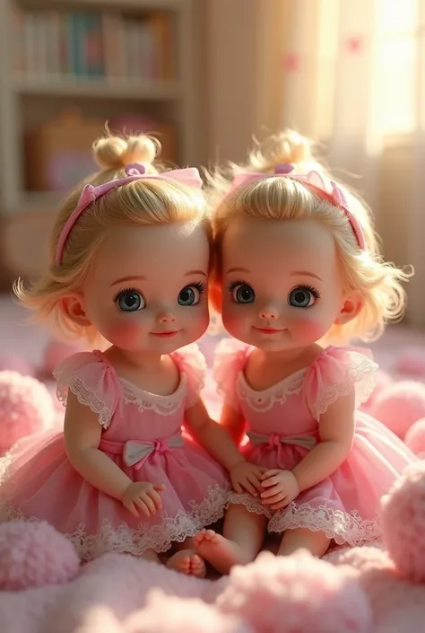 create the image of  babies  twins, short hair. they should be wearing something inspired by Barbie movies. Real photo