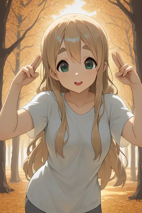 ((((tsumugi kotobuki \(K-ON!\))),((Kotobuki Kotobuki Tsumugi\(K-ON!\))))),cute,short,the mood of autumn,in a golden autumn forest,random mood,best quality,random pose,random view, can see her face,cute,perfect face, short shirt, best quality eyes, beautifu...