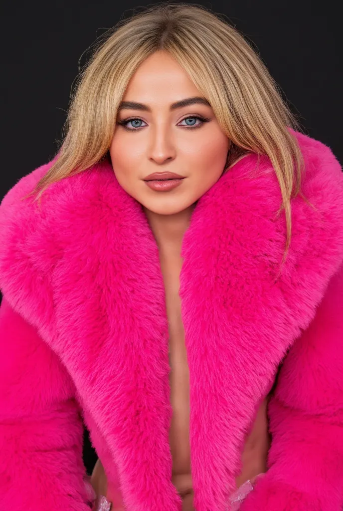 Sabrina Carpenter, pink fur coat, ((((giant huge big ass)))), (big boobs)