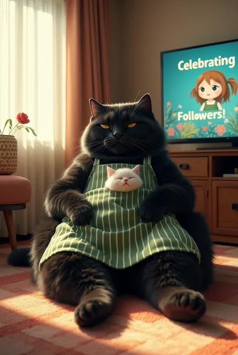 ultra-realistic, photorealistic, dramatic scene, shadow, global-illumination, the human-like giant black cat\(wearing a vertical striped green apron, black cat\), the human-like black cat is lying on its back on the carpet in the room, a cute white kitten ...