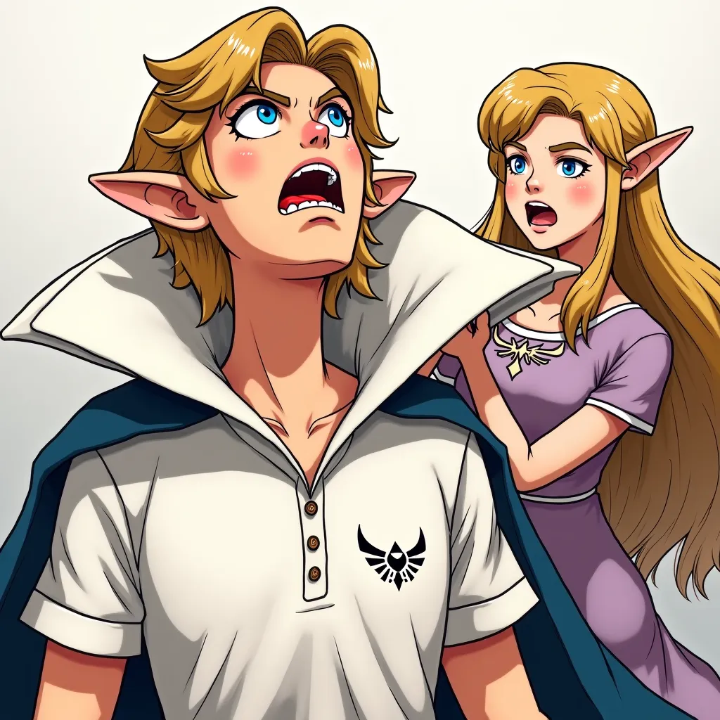 Anime Legend of Zelda King Link wearing a Massive popped collar polo with a collar so high it's taller than his head he's choking Princess Zelda to death