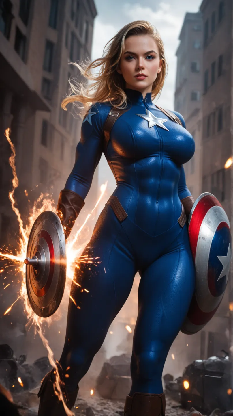 "A highly realistic, cinematic 4K depiction of a sexy female version of Captain America in a dynamic full-body action pose. She wears a tight, stylish, and battle-ready armor suit inspired by the classic Captain America uniform, with a deep blue bodysuit, ...