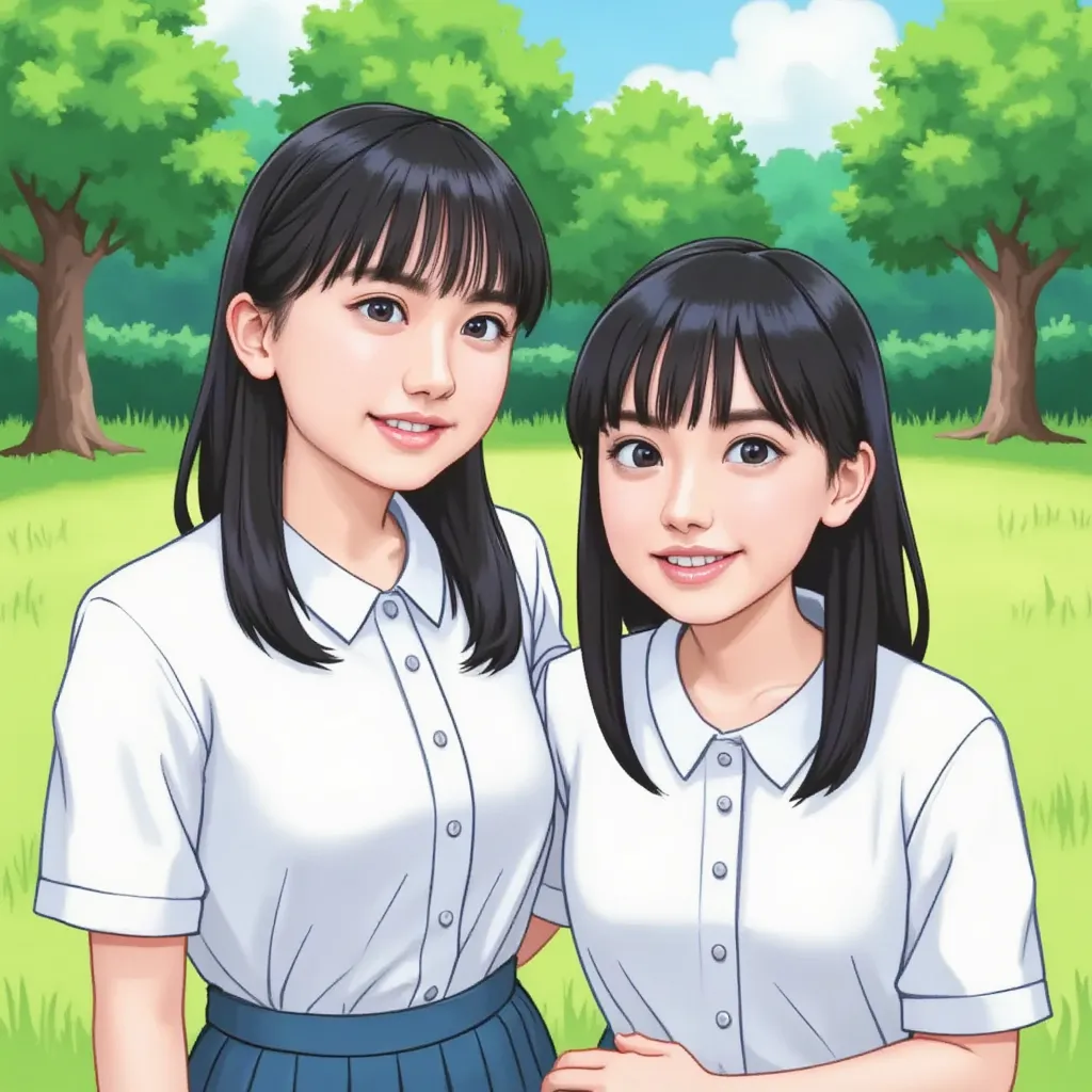 Two girls in white shirts、 elementary school students playing in the park、 Hot Summer Day、upper body
