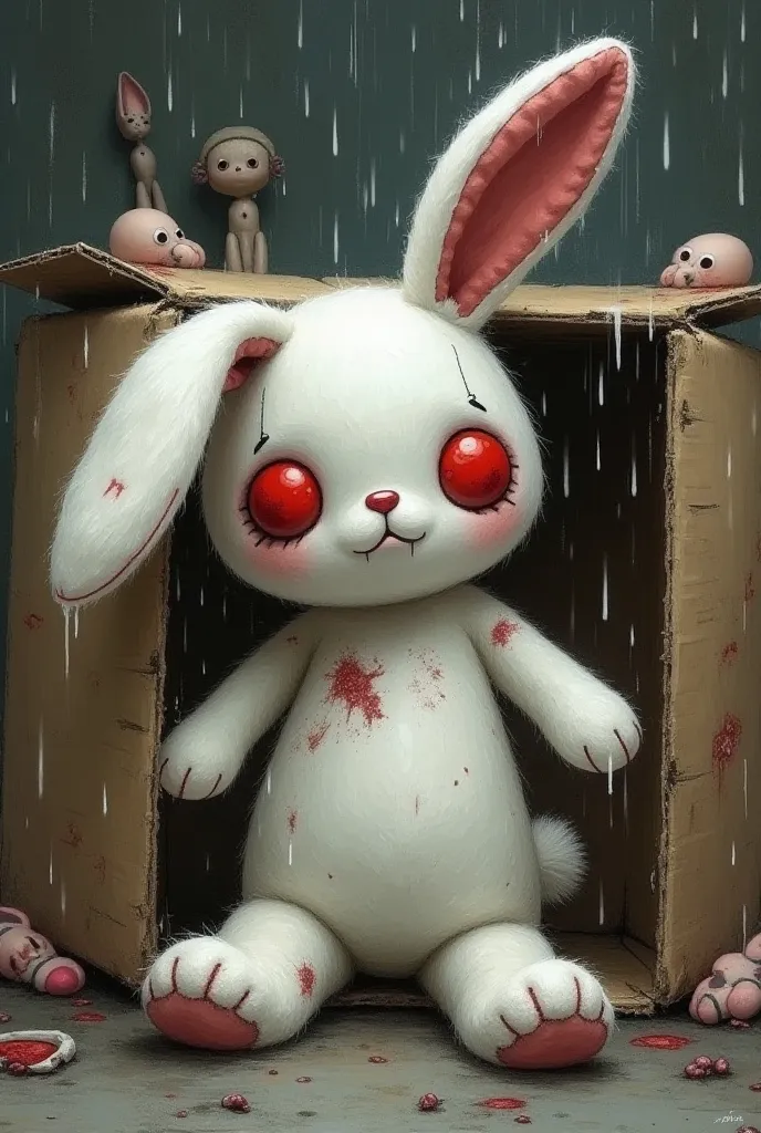 white bunny stuffed animal doll with seams showing, red button eyes, head hanging down, floppy ears, ripped ear, blood spots, slouched against a cardboard box, raining, junk yard back ground, creepy dark drawn art style, broken doll parts in background 