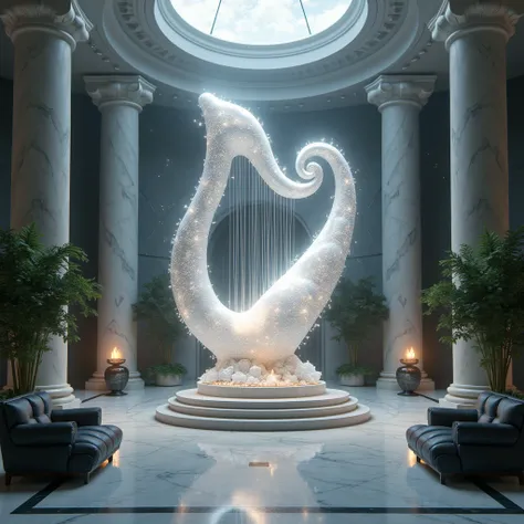 In the center of a luxurious marble hall, a magnificent cosmic creature floats softly above an esoteric altar, its shape composed of an ethereal nebula in shades of sparkling white, soft silver and pearlescent reflections. This heavenly entity is inspired ...