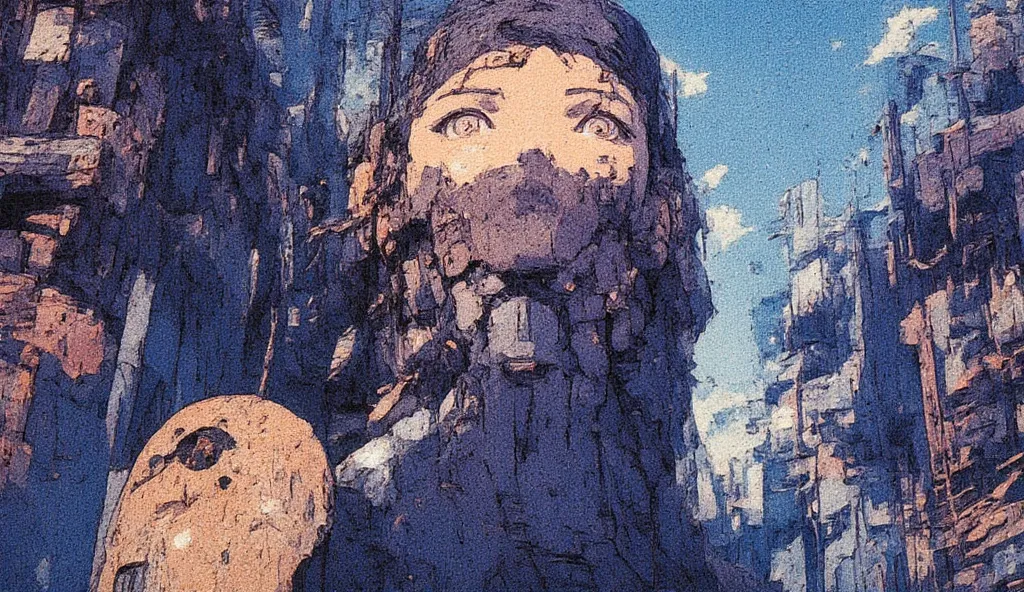 Close-up of female agent with eye implants, stoic expression, acid rain falling, dilapidated buildings in background, cables connected to nape of neck, 90s anime style, Ghost in the Shell, industrial dim lighting