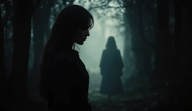Subtle silhouette of the evil woman blending into the shadows, in the style of dark fantasy art, muted colors, unsettling presence, hidden details, play of light and shadow, eerie stillness, enigmatic aura.