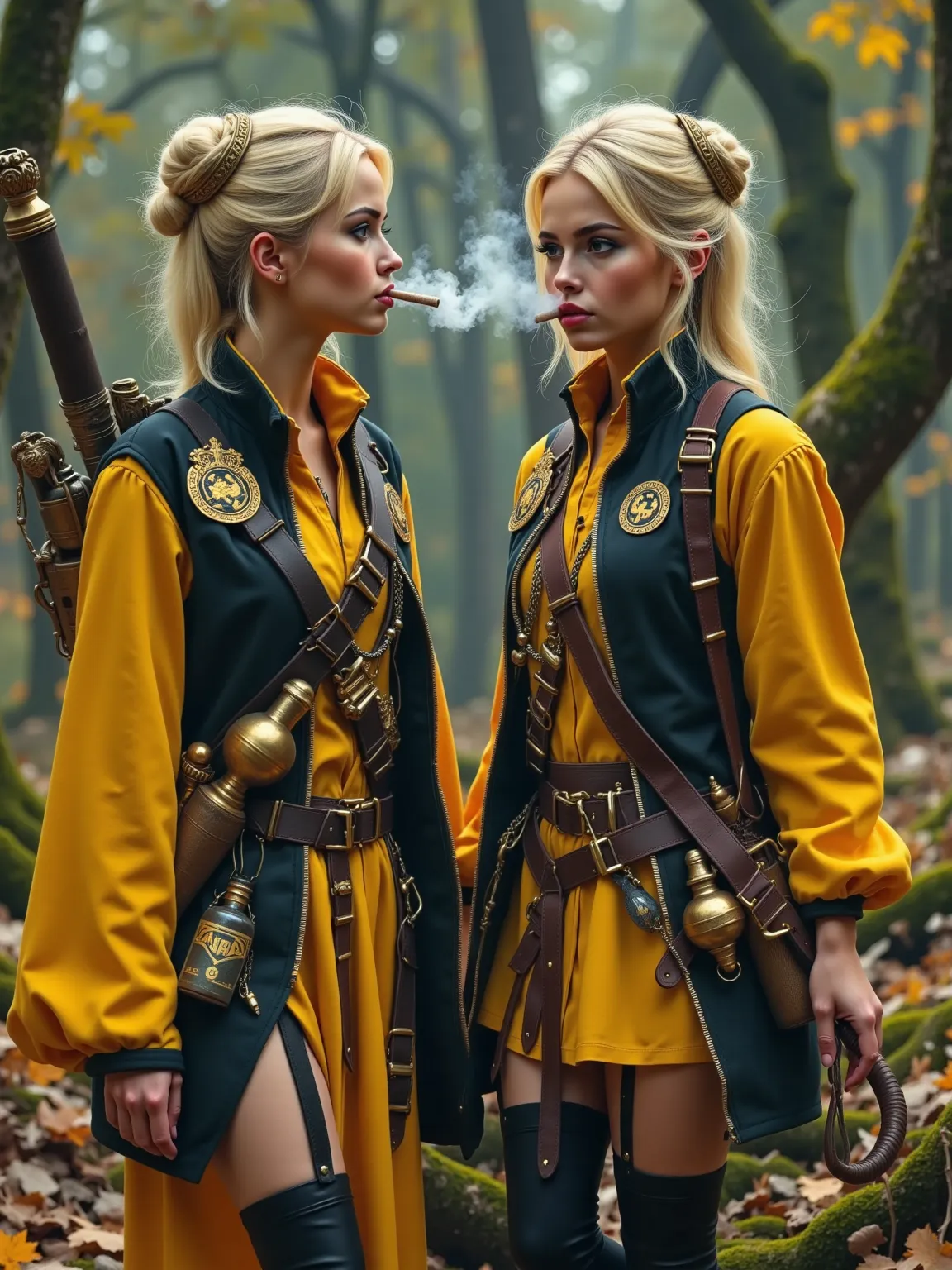 Identical twin French blonde 18-year-old girls are wearing modified Hufflepuff's uniform. They each have a black and Hufflepuff yellow jacket.  They are each wearing a leather belt with a wide assortemnt of pouches and straps along with various magical too...