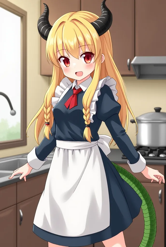 Toru is a bright girl with long light golden hair, braided in two pigtails, and large red eyes with vertical pupils resembling snakes. Dark horns curl back on her head, and a long green scaly tail often peeks out from behind her back. She wears a classic m...