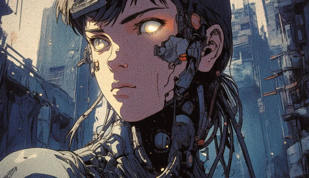 Close-up of female agent with eye implants, stoic expression, acid rain falling, dilapidated buildings in background, cables connected to nape of neck, 90s anime style, Ghost in the Shell, industrial dim lighting