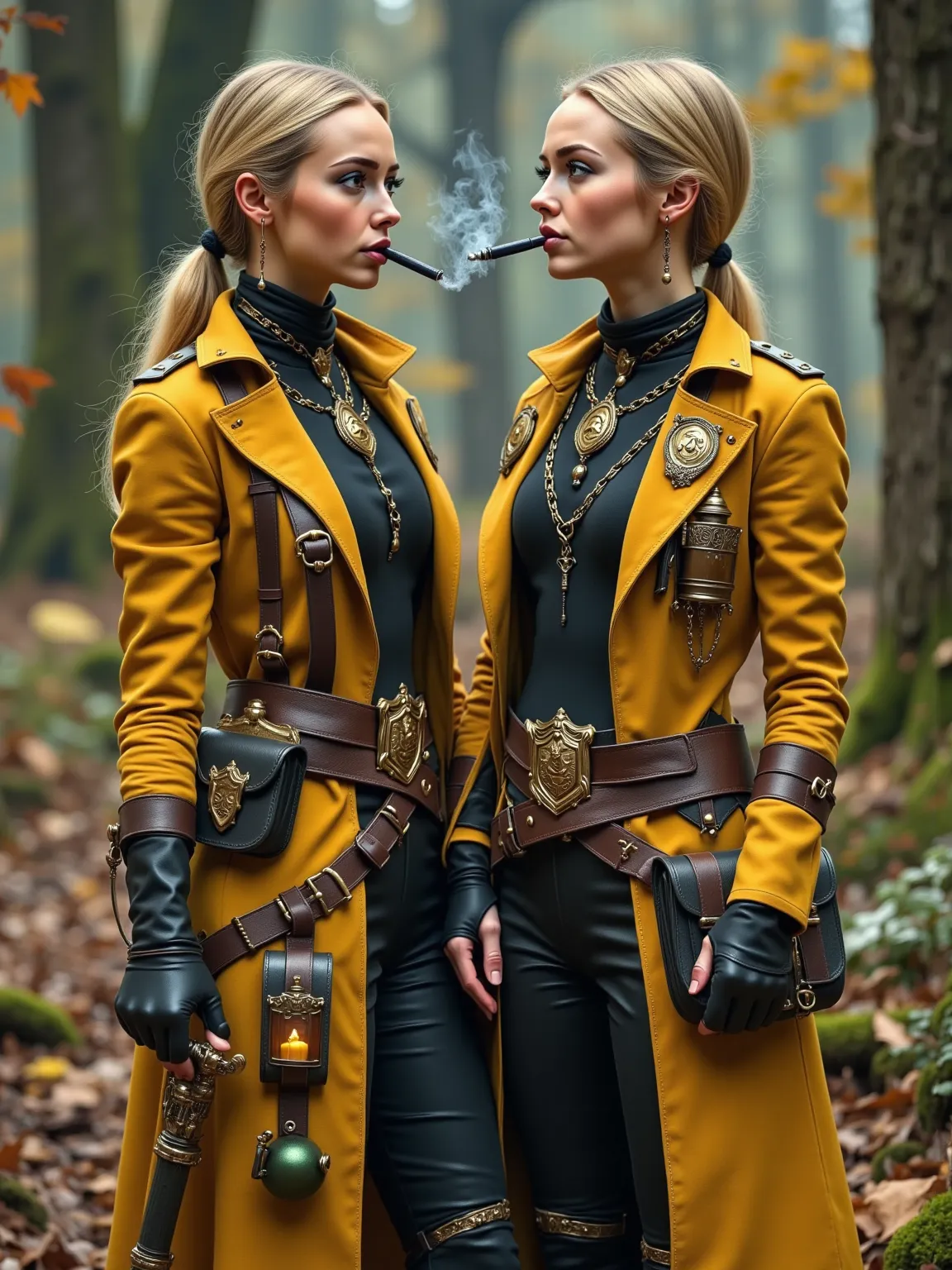 Identical twin French blonde 18-year-old girls are wearing modified Hufflepuff's uniform. They each have a black and Hufflepuff yellow jacket.  They are each wearing a leather belt with a wide assortemnt of pouches and straps along with various magical too...