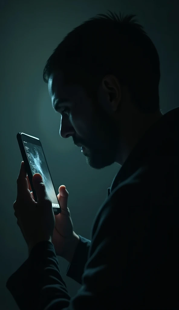 A tense moment captured in dim lighting, where a trembling hand holds a phone with a dead battery, as an ominous shadow looms over the person’s shoulder.