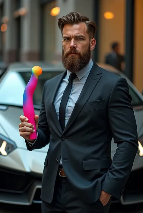 a bearded man in a business suit against a lamborghini background holds a large multi-colored dildos in his hand 