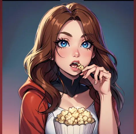 anime girl with long brown hair, digital art, digital anime illustration, piercing eyes, lineart, eating popcorn, hand above head