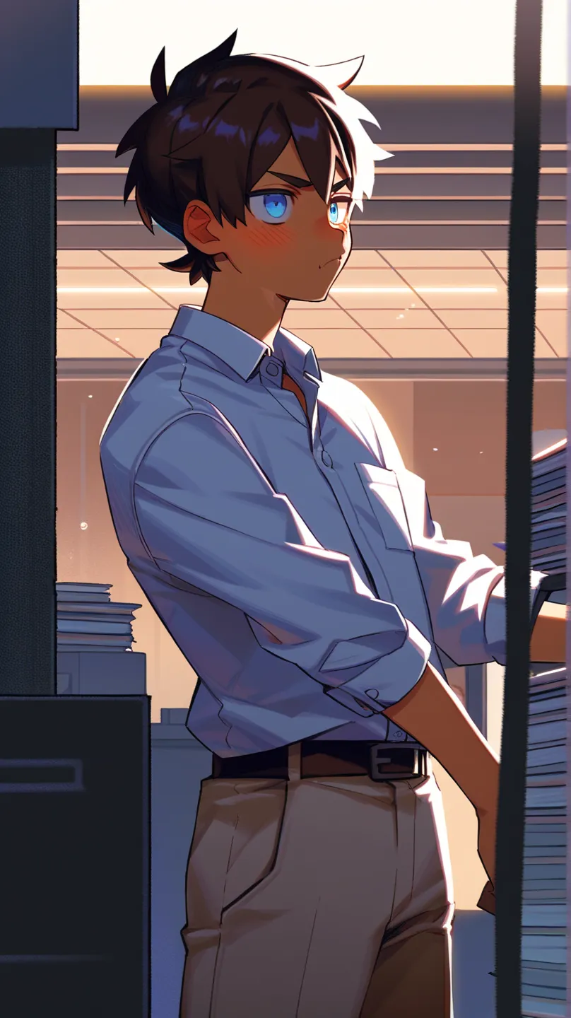 Man, office man, white shirt tucked in pants, tan skin, bangs, dark brown hair, pale blue eyes, round belly, blush, grumpy