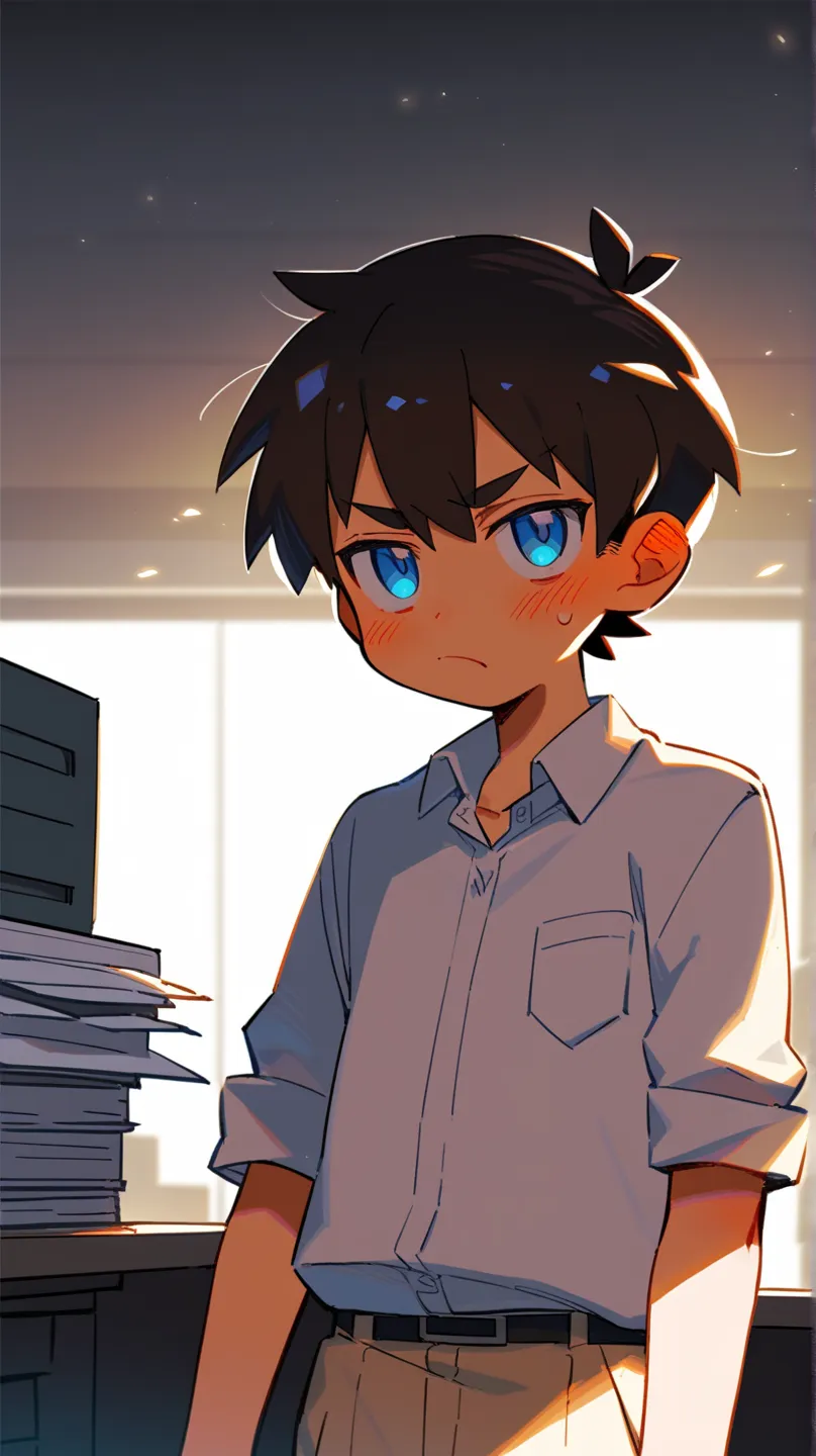 Man, office man, white shirt tucked in pants, tan skin, bangs, dark brown hair, pale blue eyes, round belly, blush, grumpy