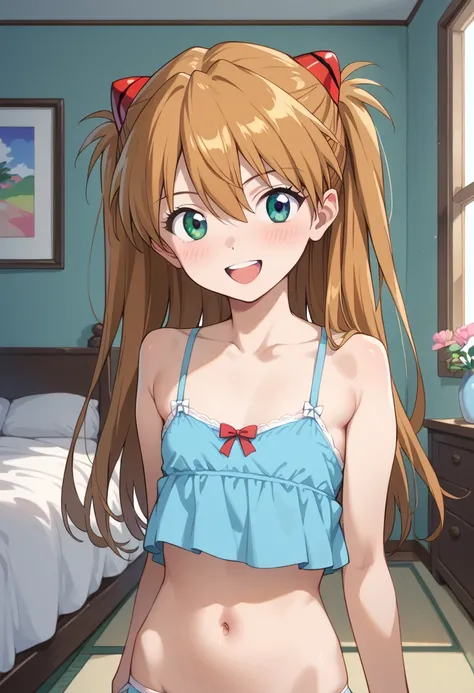 ((Highest quality)), ((masterpiece)), (be familiar with), perfect face, indoors, bedroom, watching viewers,
One woman, Soryu Asuka Langley,
open mouth, ecstatic expression, blush, smile,
 small tits, flat chest, Young girl,  lori,  ,  girl,
 long hair, two...