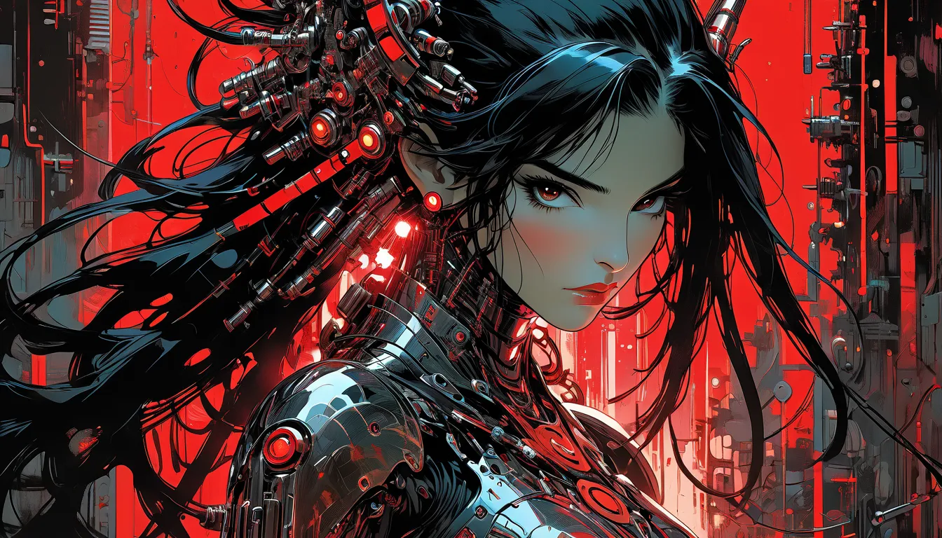 fluorescent horizon, The image depicts a female cyborg or android figure in futuristic, armored attire. She has long, flowing black hair and is set against a red background. Her appearance is sleek and metallic, with various mechanical and robotic componen...