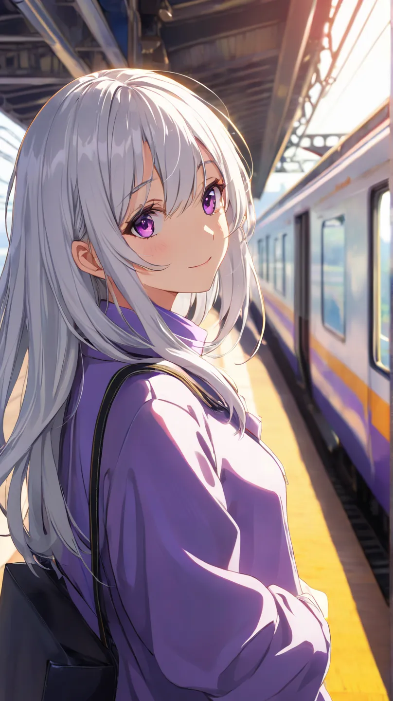 1 girl, solo, chest, smiles, High Resolution, masterpiece, high quality, shortcuts,  Silver Hair, Slim, anime,  Commuter Rail, sexy,morning,Aperture F1.2,purple eyes, sexy,happy,close-up