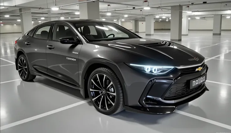 "An ultra-realistic 2025 Chevrolet Malibu in a dimly lit modern parking garage. The car has a futuristic and stylish design with an aggressive yet sleek front grille, redesigned futuristic headlights with a sharp and angular LED signature. The Chevrolet lo...