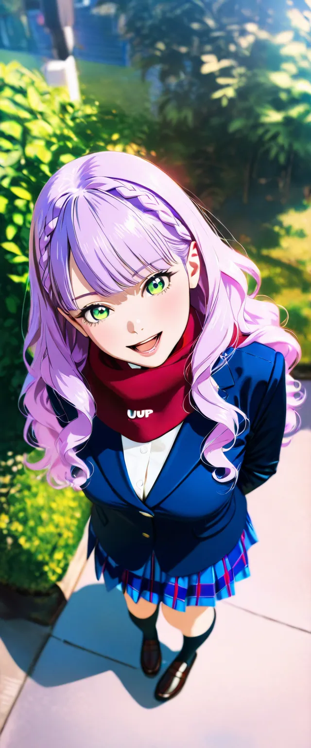 score_9, score_8_up, score_7_up, anime, masterpiece, best quality, amazing quality, very aesthetic, absurdres, photorealistic, 1girl, solo,wien margarete, long hair, wavy hair, purple hair, green eyes, braid, medium breasts, otonokizaka school winter unifo...