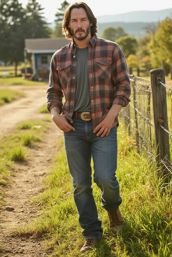 Keanu Reeves in farm clothes. In the background, a small ranch, in bright summer colors.