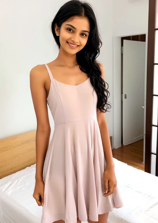 Sri lanka   girl, nude , strapless minidress ready to go to a nightclub , in the bedroom,  (slim, small, flat, small), photorealistic, detail, skin texture, super detail, delicate and sexy collarbone, smile, wet hair, after bath hair, sweating skin, nude, ...