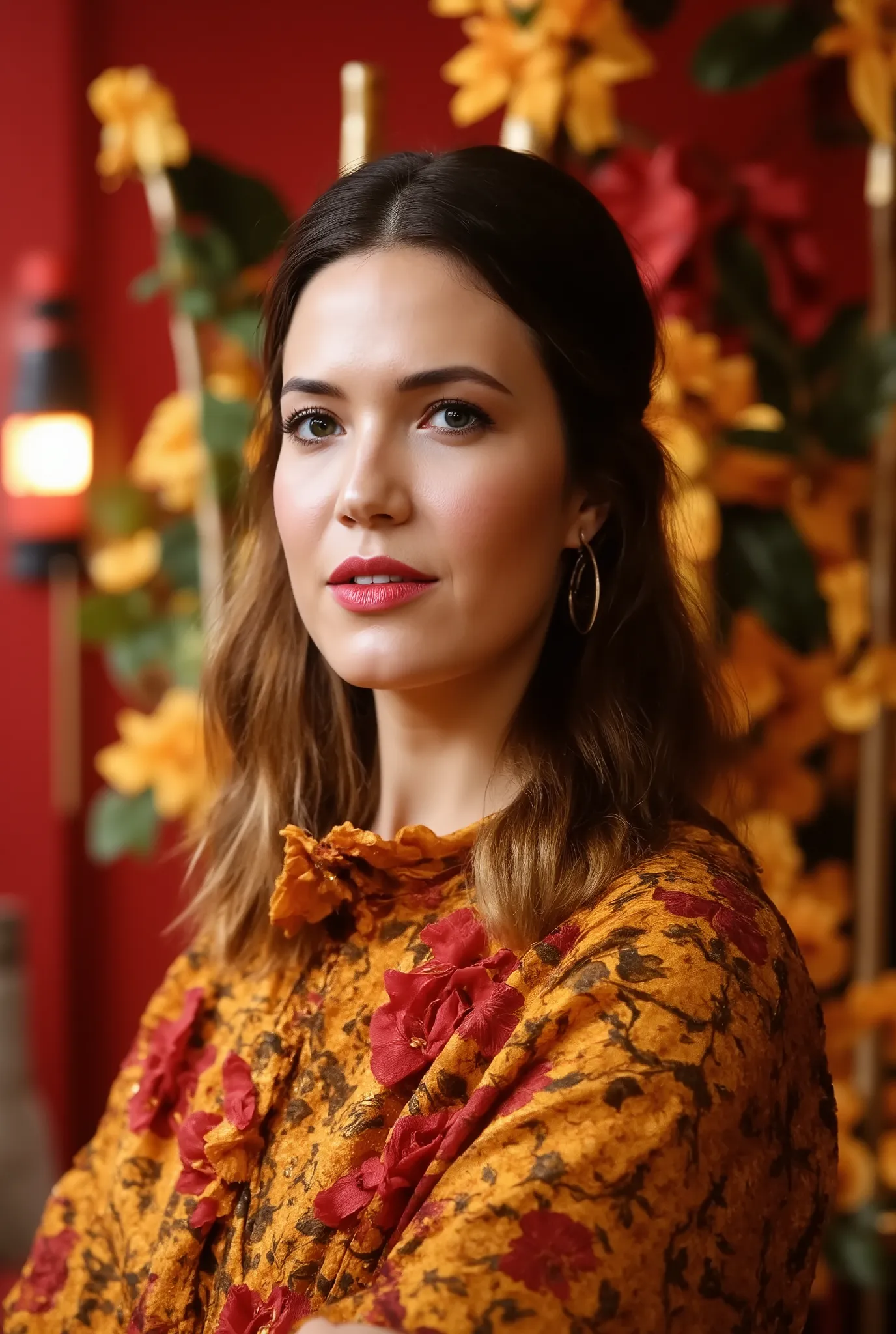 best quality, highres, 8k, masterpiece, photography, detailed midbody photorealistic portrait. Mandy Moore's dress is a contemporary cheongsam/qipao in a rich gold satin with crimson accents. The design features a high, standing collar and full-length slee...