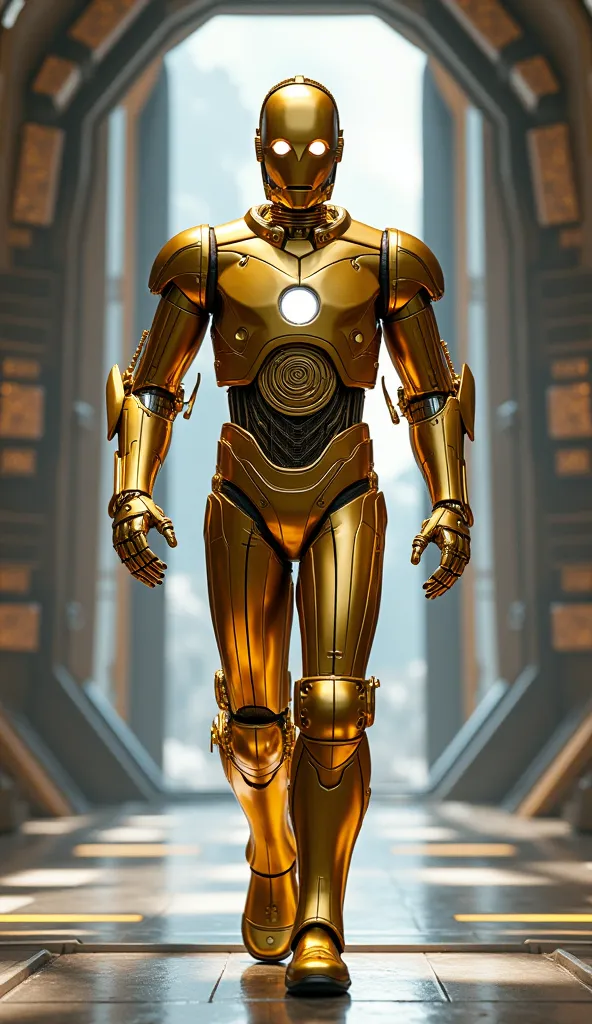 MARVEL Iron Man with his gold armor and helmet like that of the golden C-3PO from Star Wars walking toward the camera on a ship.