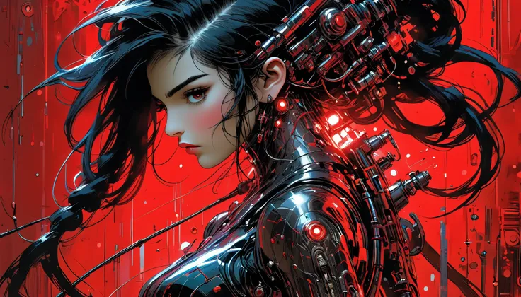 fluorescent horizon, The image depicts a female cyborg or android figure in futuristic, armored attire. She has long, flowing black hair and is set against a red background. Her appearance is sleek and metallic, with various mechanical and robotic componen...