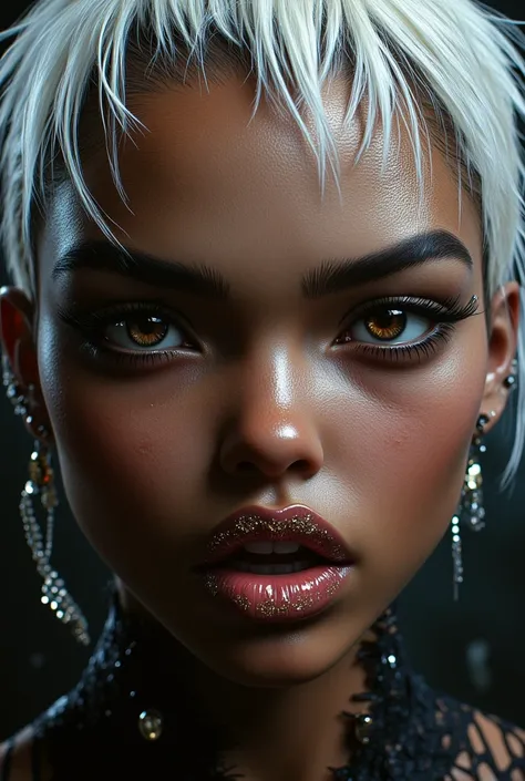 Dark indoor studio, ultra realistic 3D painting, top right corner position, white background, close-up of a beautiful black girl's face, real expressions, absurd, angry frown, stylish white and gold makeup, shiny lip gloss with glitter on her mouth, wearin...