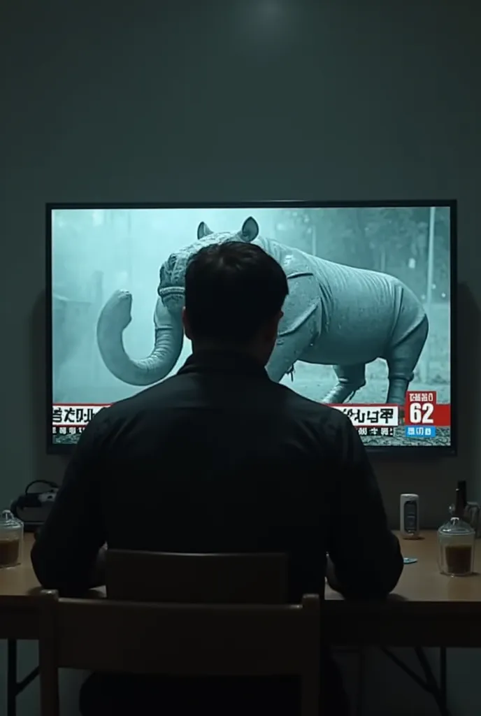  Ozon 671 games, close-up of a sad man in a jacket at the table, he sits with his back to the big TV, which shows a hippopotamus robot, news-style