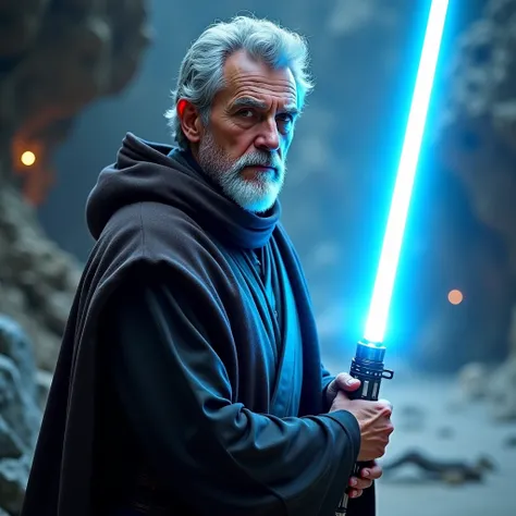 Man Jedi knight with blue lightsaber, short gray hair 