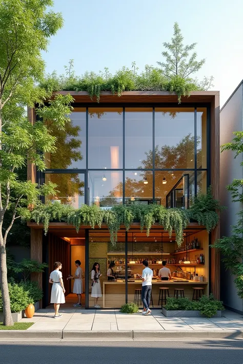 An external image of a cooking school,  Sustainable , creative. A view of those who pass on the street and see the school happening through glass walls.
The back of the school has a drop right in front of the street 