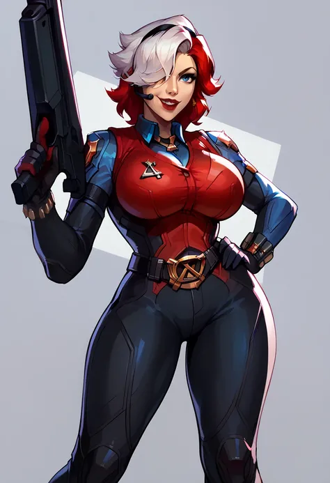 , blackwidow_rivals, red hair, asymmetrical hair, headset microphone, blue eyes, red lips, bodysuit, black bodysuit, gloves, black gloves, forearm guns, black clothes, sniper rifle, holding sniper rifle, huge weapon, posing, , colettedef, sharp teeth, smil...