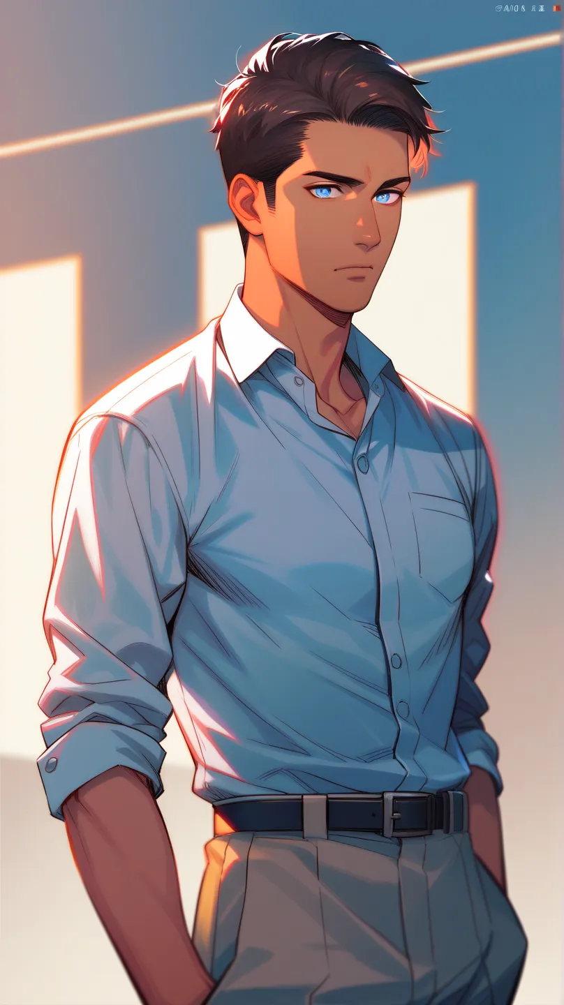 Man, office man, white shirt tucked in pants, tan skin, bangs, dark brown hair, pale blue eyes, round belly, blush, grumpy, handsome