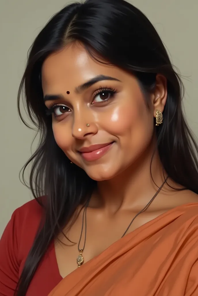 Create a realistic portrait of an Indian woman with a good fair plump figure. No moles and Her expression is natural and warm, with detailed skin texture and lifelike features.fair, 1girl, Solo, Breasts, Smile, Black Hair, Large breasts, use image