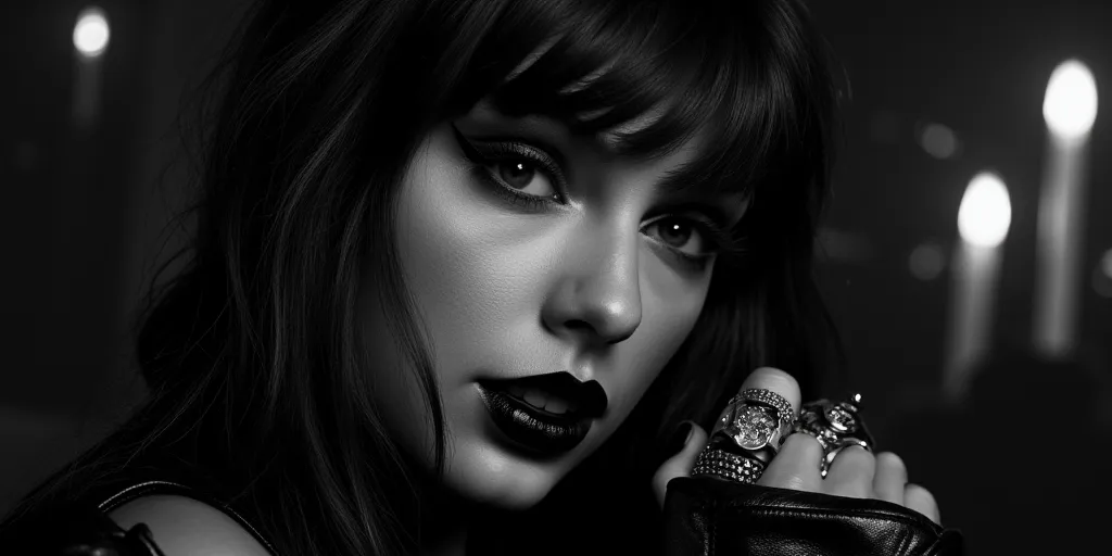 The image is a striking noir poster featuring a stunning escort girl, captured in a dramatic close-up that emphasizes her gothic punk aesthetic. Dressed in a sleek leather outfit, her flawless face is illuminated by chiaroscuro lighting, creating deep cont...