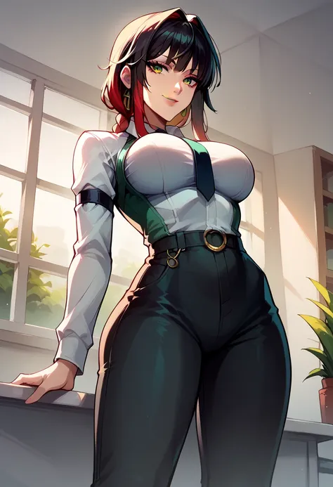 fubuki (one-punch man) black hair, short hair, tight green dress, long sleeves, collared dress, green eyes, perfect large breasts, view from below, sexy pose, dynamic angle Break, perfect lighting, shadows, makima, makima, long hair, smile, bangs, braid, r...