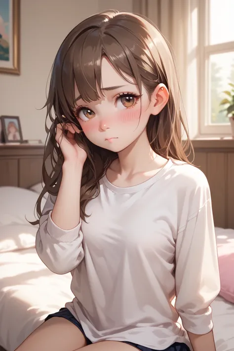 Portrait view of small girl, loli, younger face(,small breasts,pointy breasts, brown eyes, long hair,brown hair, bedroom, shy, blush,sitting, hair behind ear, right hand behind ear, adjusting hair,  white shirt