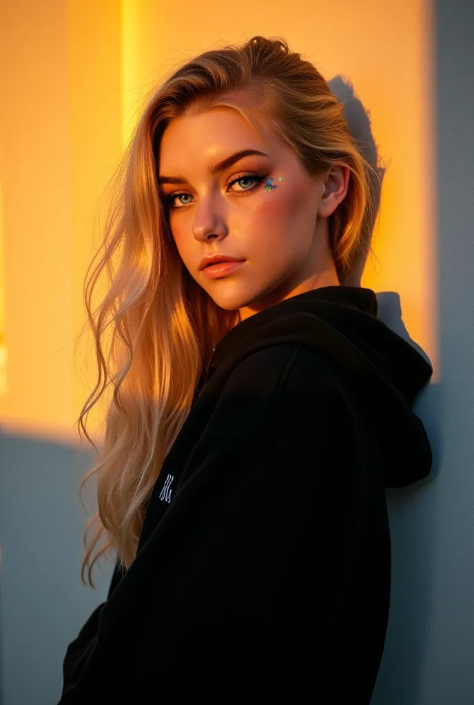 Here’s the prompt in English:

Prompt:
"A 15-year-old age girl with long, wavy blonde hair poses against a wall illuminated by the golden light of the setting sun. She wears a black hoodie and has a calm, introspective expression, gazing slightly away with...