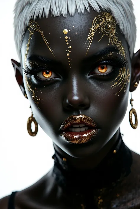 Dark indoor studio, ultra realistic 3D painting, macro, top right corner position, white background, close-up of a black girl, real expressions, absurd, angry frown, stylish gold face paint with black outlines, shiny lip gloss with glitter on mouth, wearin...