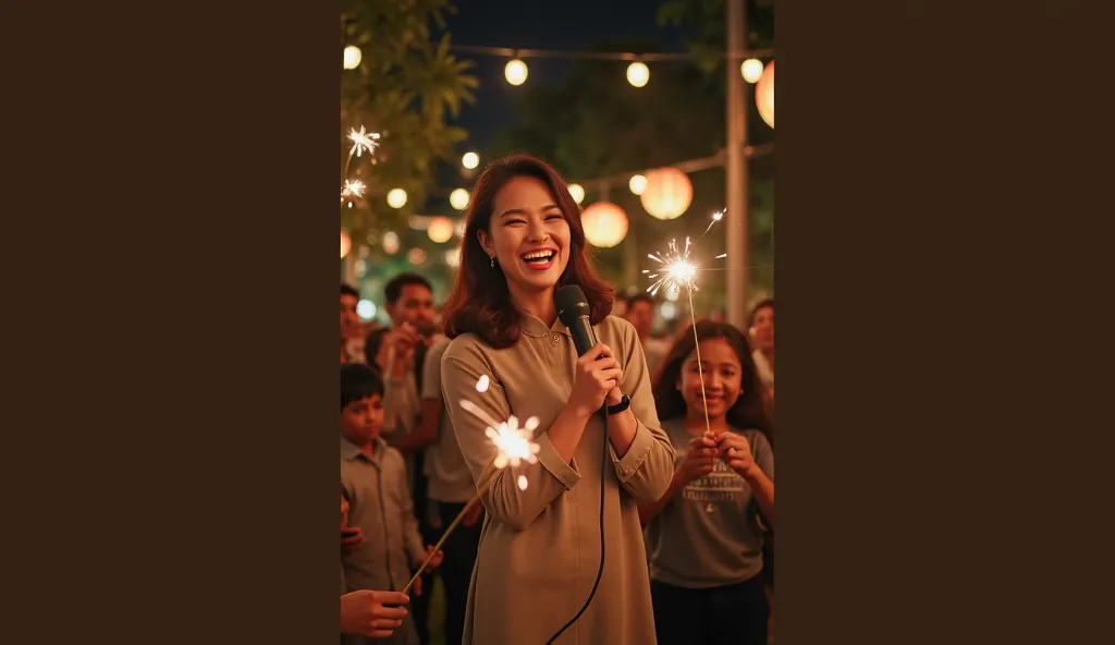 joyfully in an outdoor night setting. A beautiful hijab woman is holding a microphone and appears happy and expressive. Around her, ren are playing with sparklers, their bright glowing lights illuminating the festive atmosphere. She is dressed in a modest ...