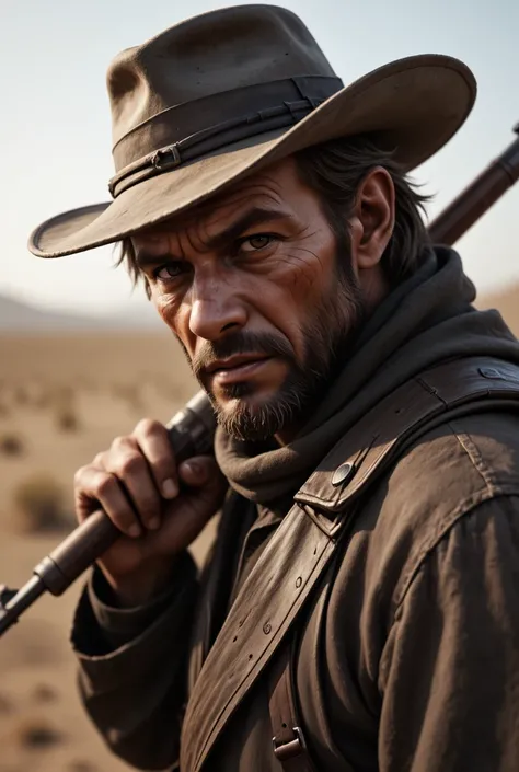 The sideways face of a gunman wearing a pensive Old West hat with his eyes on the ground,holding a rifle over his shoulder
