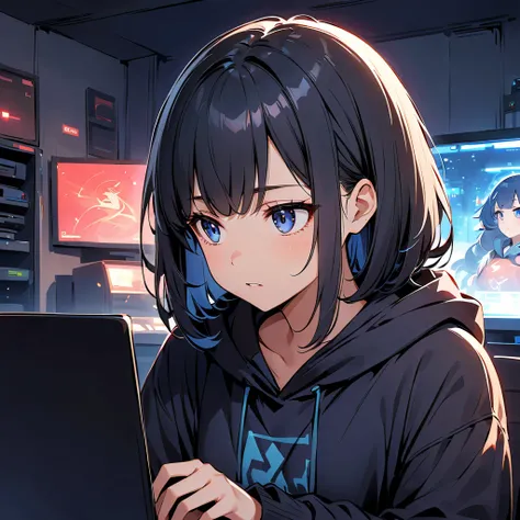 mastarpiece,  cool man, 1 boy,  dark wolf cut , black hoodie,  beautiful eyes,  double eyelids， with blue eyes ，While playing games